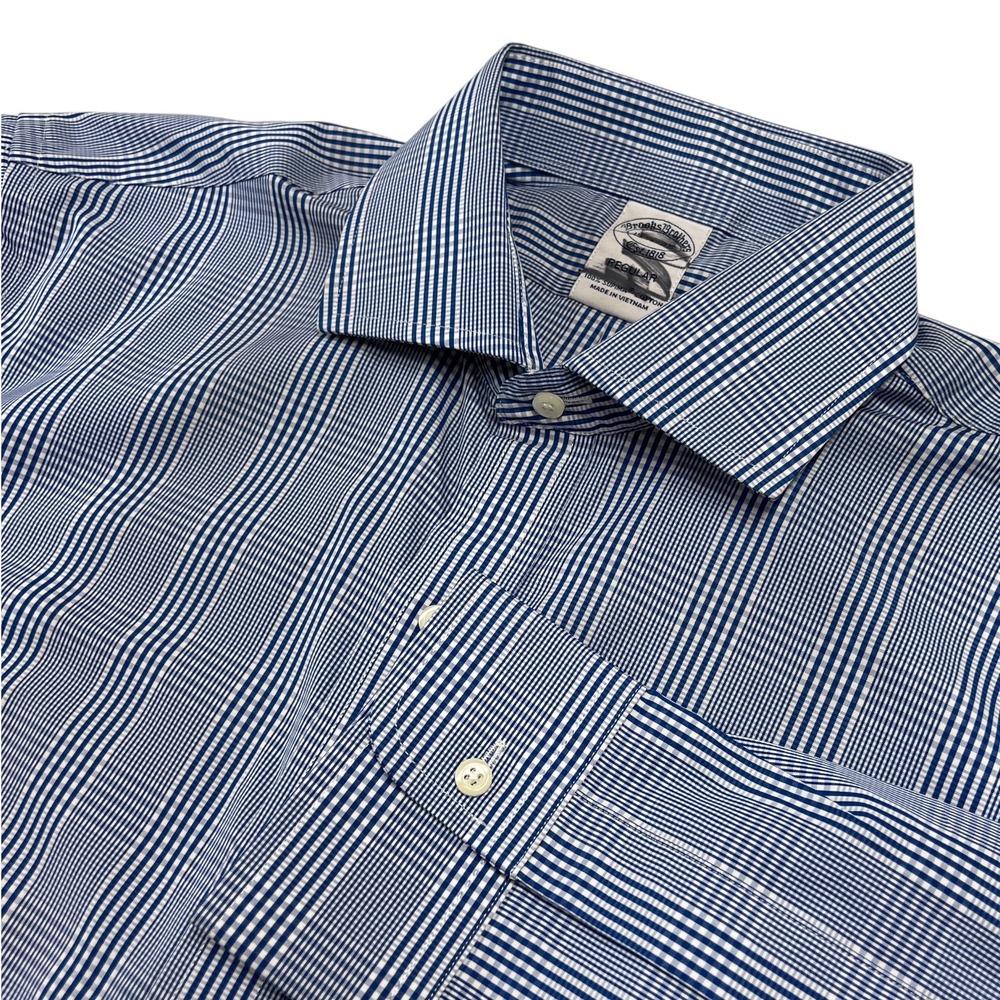 Brooks Brothers Men's 15.5/35 Blue White Striped Plaid Check Button Down Shirt